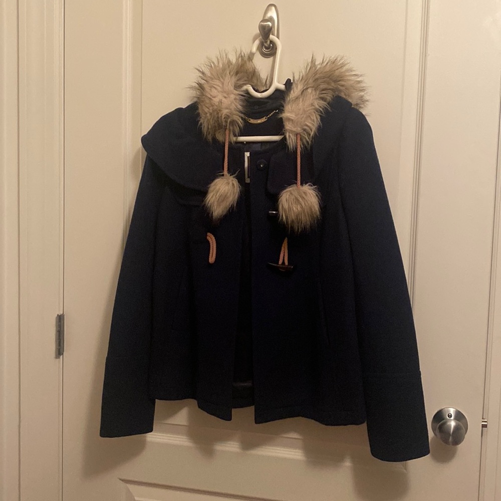 Juicy Couture wool car coat with fake fur lined hood small